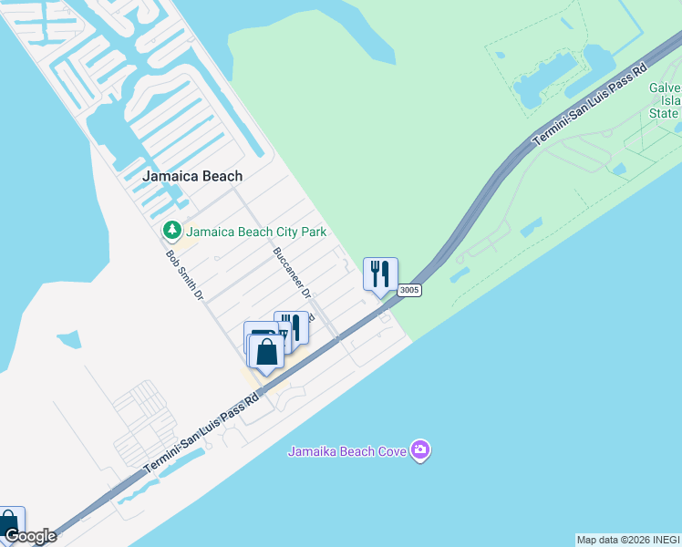 map of restaurants, bars, coffee shops, grocery stores, and more near 16514 Captain Kidd Road in Jamaica Beach