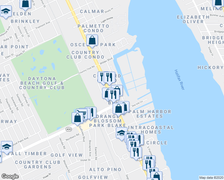 map of restaurants, bars, coffee shops, grocery stores, and more near 1437 South Ridgewood Avenue in Daytona Beach