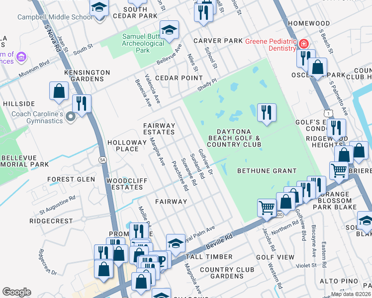 map of restaurants, bars, coffee shops, grocery stores, and more near 1221 Sunland Road in Daytona Beach