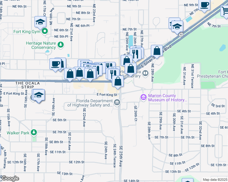 map of restaurants, bars, coffee shops, grocery stores, and more near 2437 East Fort King Street in Ocala