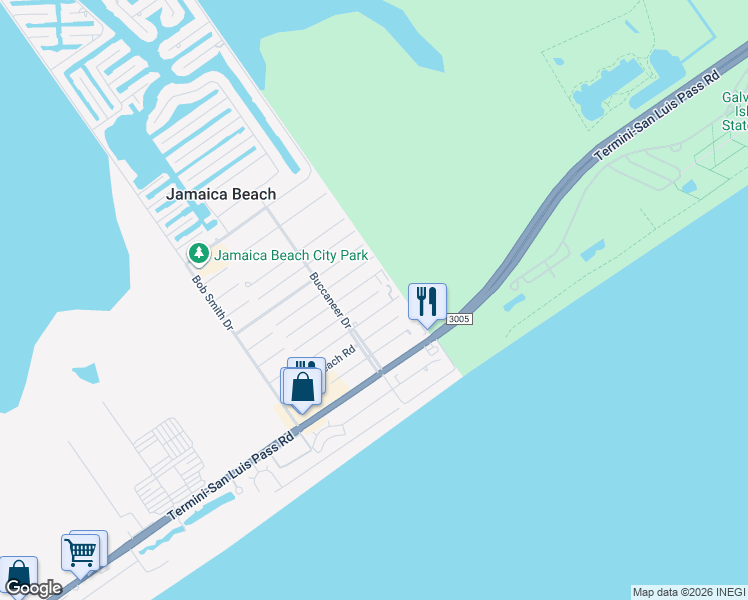 map of restaurants, bars, coffee shops, grocery stores, and more near 16514 Captain Kidd Road in Jamaica Beach