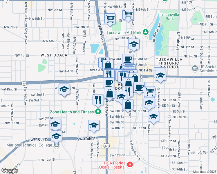 map of restaurants, bars, coffee shops, grocery stores, and more near 53 South Pine Avenue in Ocala