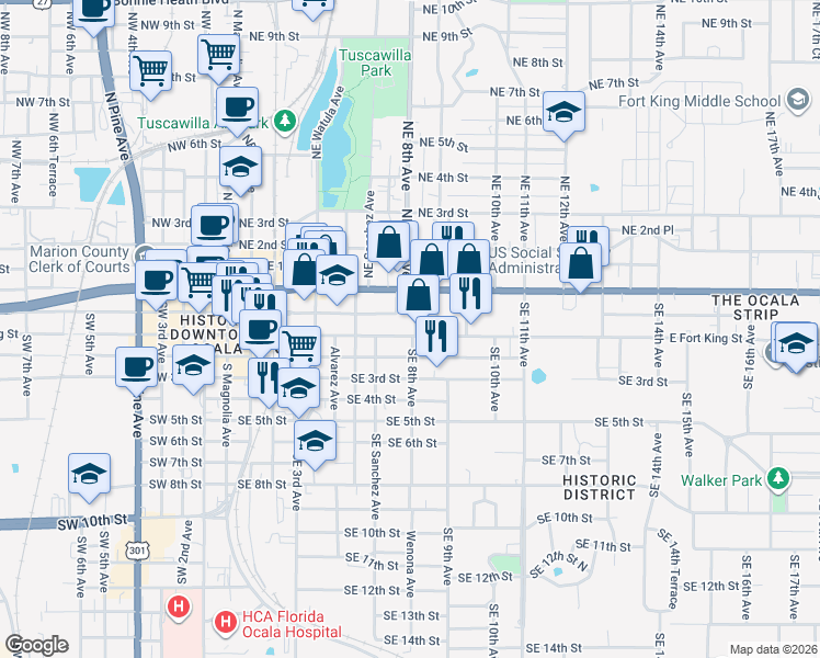 map of restaurants, bars, coffee shops, grocery stores, and more near 805 East Fort King Street in Ocala