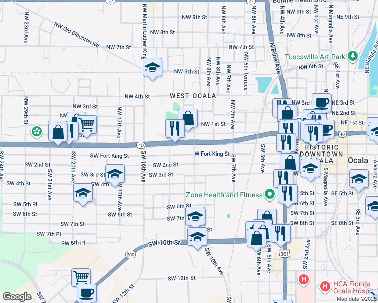 map of restaurants, bars, coffee shops, grocery stores, and more near 1203 Southwest Fort King Street in Ocala