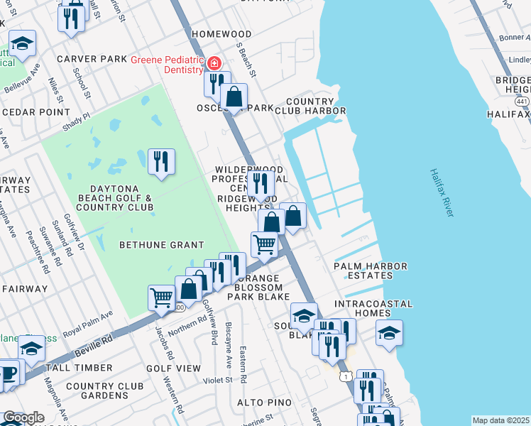 map of restaurants, bars, coffee shops, grocery stores, and more near 1480 South Ridgewood Avenue in Daytona Beach