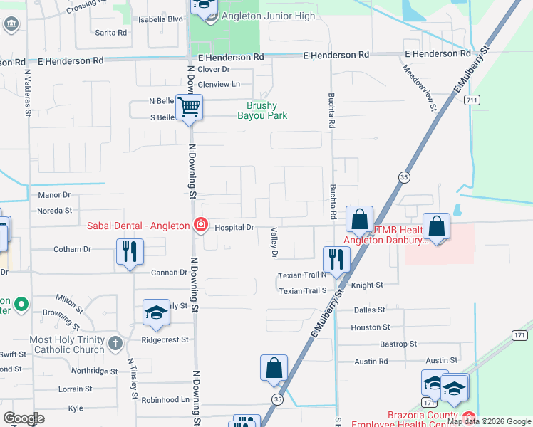 map of restaurants, bars, coffee shops, grocery stores, and more near 312 Amy Street in Angleton