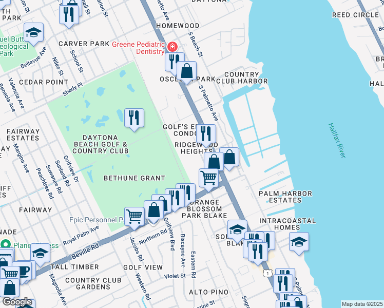 map of restaurants, bars, coffee shops, grocery stores, and more near 1352 Virginia Avenue in Daytona Beach