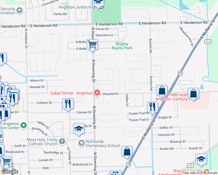 map of restaurants, bars, coffee shops, grocery stores, and more near 1324 Hospital Drive in Angleton