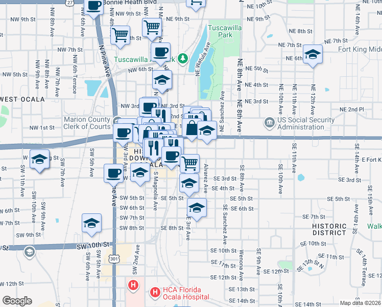 map of restaurants, bars, coffee shops, grocery stores, and more near in Ocala