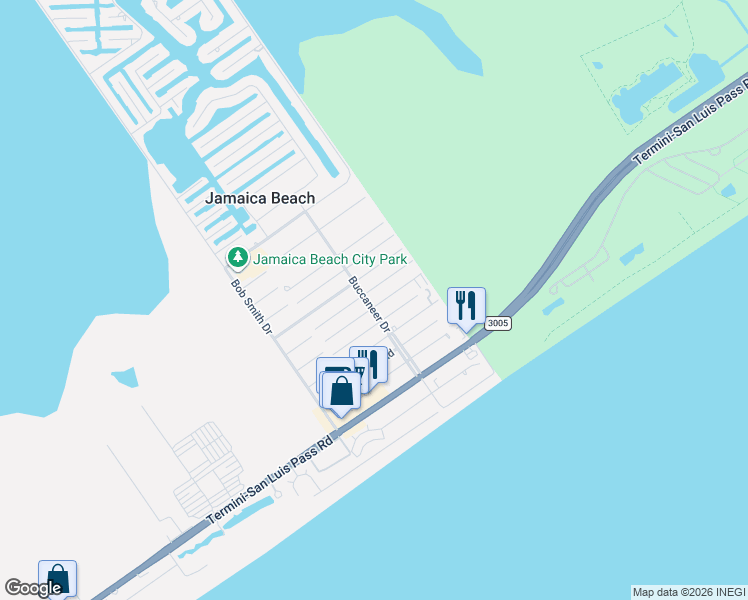 map of restaurants, bars, coffee shops, grocery stores, and more near 16530 Lewis Scot Road in Jamaica Beach
