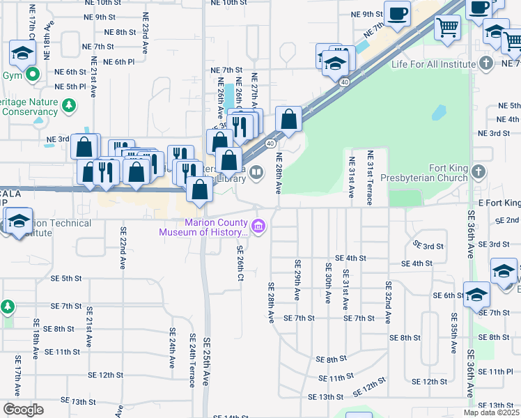 map of restaurants, bars, coffee shops, grocery stores, and more near 2673 East Fort King Street in Ocala
