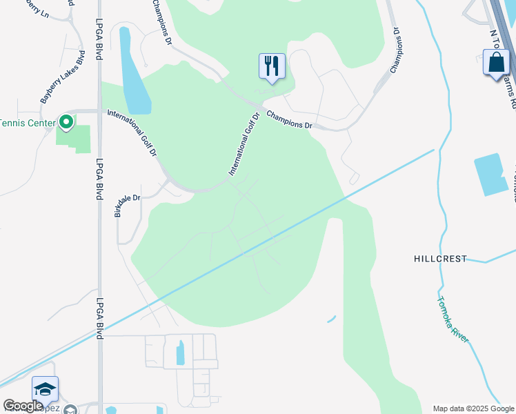 map of restaurants, bars, coffee shops, grocery stores, and more near 387-393 International Golf Drive in Daytona Beach