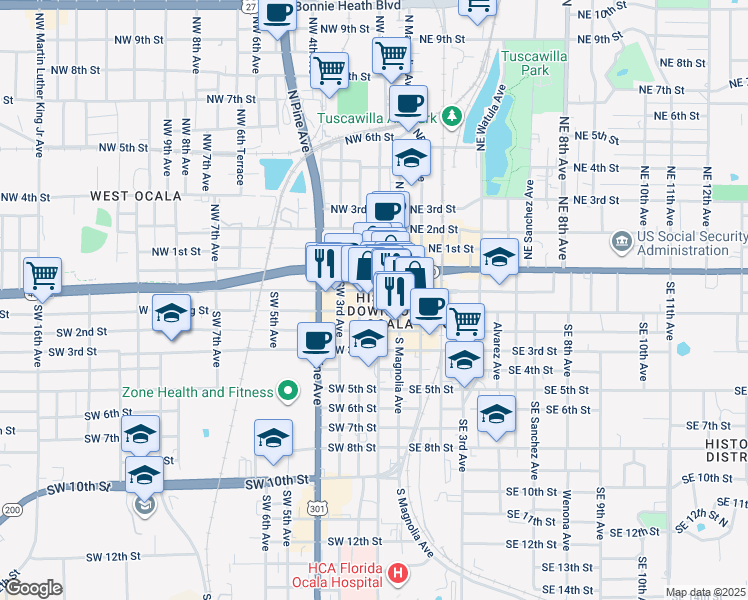 map of restaurants, bars, coffee shops, grocery stores, and more near 118 Southwest 2nd Avenue in Ocala