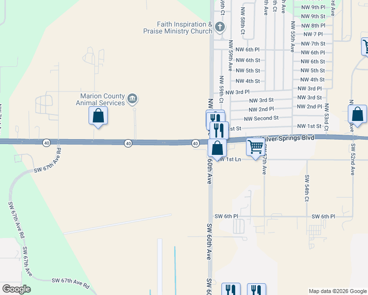map of restaurants, bars, coffee shops, grocery stores, and more near 330c Florida 40 in Ocala