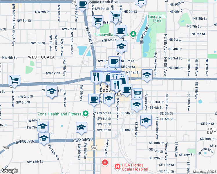 map of restaurants, bars, coffee shops, grocery stores, and more near 118 Southwest 2nd Avenue in Ocala