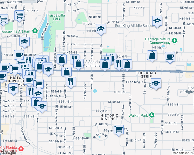 map of restaurants, bars, coffee shops, grocery stores, and more near 1126 East Silver Springs Boulevard in Ocala