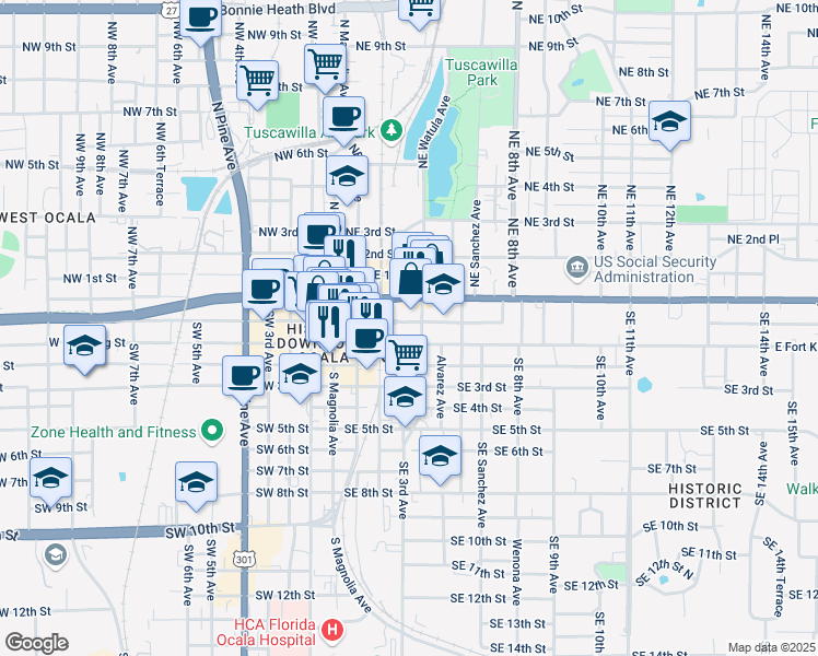map of restaurants, bars, coffee shops, grocery stores, and more near 302 Southeast Broadway Street in Ocala