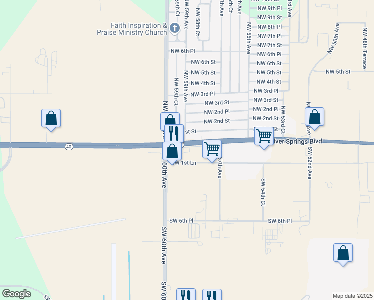 map of restaurants, bars, coffee shops, grocery stores, and more near 5860 Florida 40 in Ocala