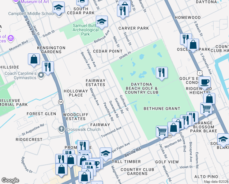 map of restaurants, bars, coffee shops, grocery stores, and more near 1221 Sunland Road in Daytona Beach