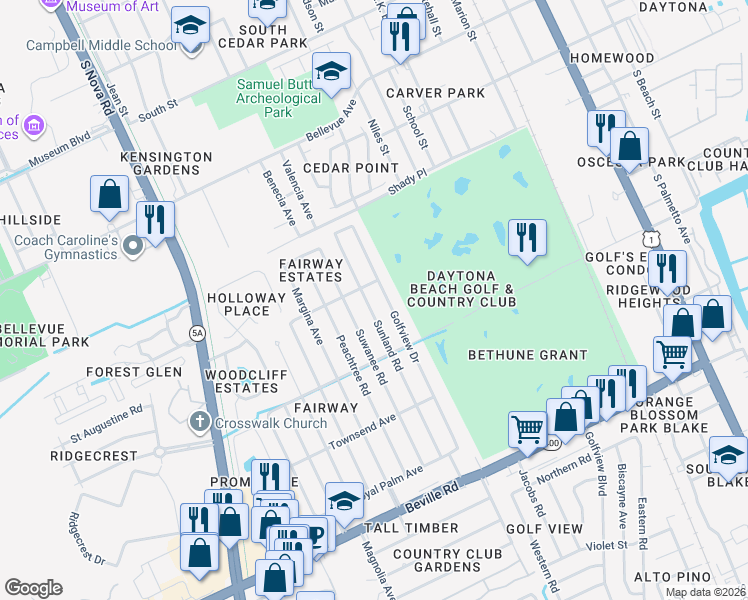 map of restaurants, bars, coffee shops, grocery stores, and more near 1221 Sunland Road in Daytona Beach