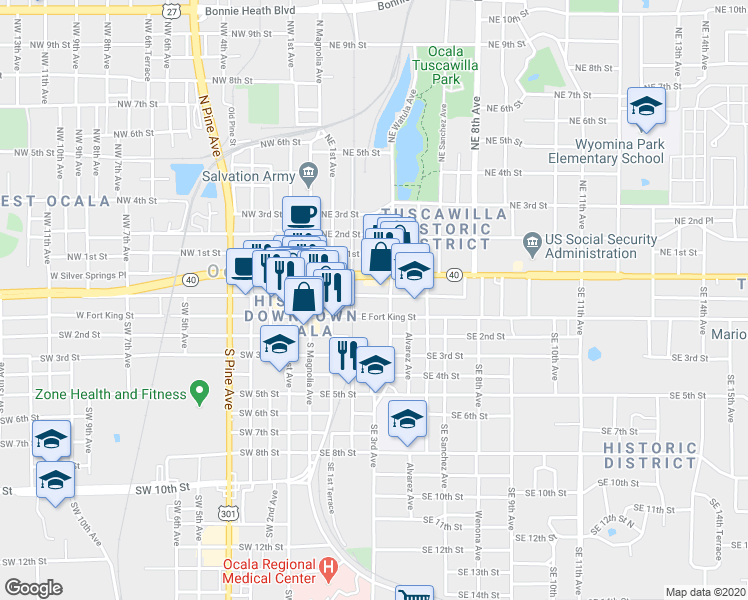 map of restaurants, bars, coffee shops, grocery stores, and more near in Ocala