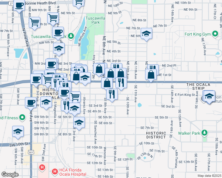 map of restaurants, bars, coffee shops, grocery stores, and more near 805 East Fort King Street in Ocala