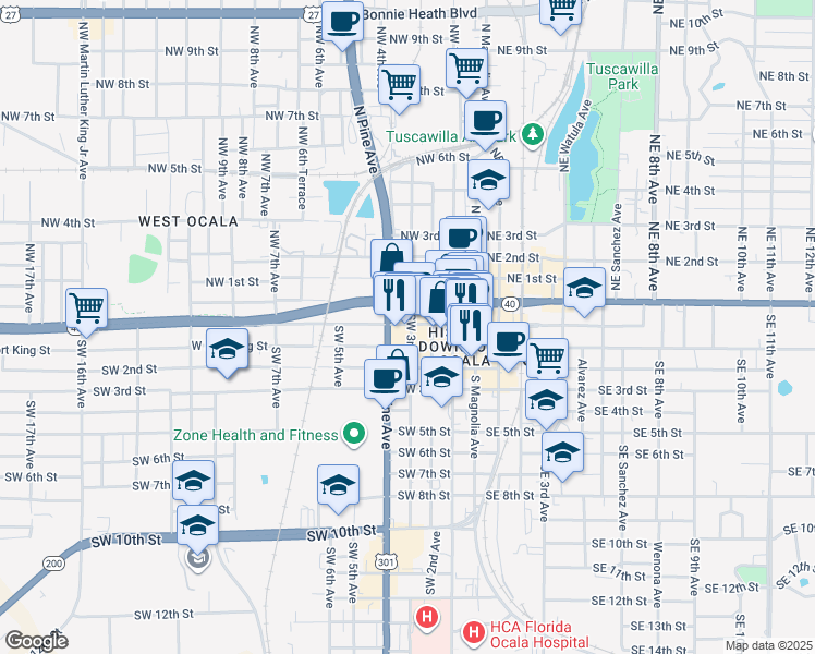 map of restaurants, bars, coffee shops, grocery stores, and more near 301 West Fort King Street in Ocala