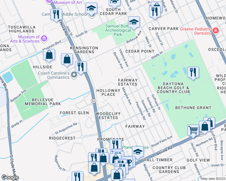 map of restaurants, bars, coffee shops, grocery stores, and more near 409 Aleatha Drive in Daytona Beach