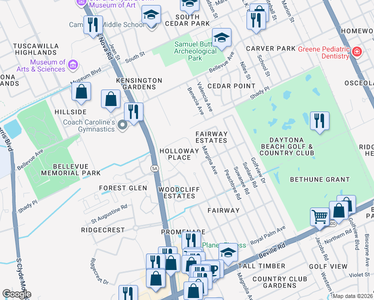 map of restaurants, bars, coffee shops, grocery stores, and more near 409 Aleatha Drive in Daytona Beach