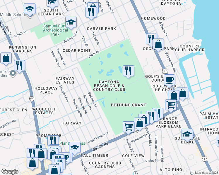 map of restaurants, bars, coffee shops, grocery stores, and more near 156 Grand Oaks Circle in Daytona Beach