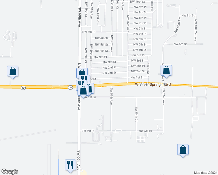 map of restaurants, bars, coffee shops, grocery stores, and more near 40 Southwest 57th Avenue in Ocala