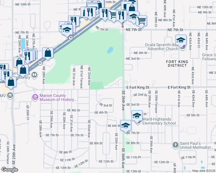 map of restaurants, bars, coffee shops, grocery stores, and more near 3401 East Fort King Street in Ocala