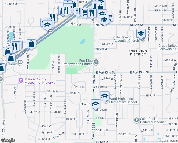 map of restaurants, bars, coffee shops, grocery stores, and more near 3525 East Fort King Street in Ocala