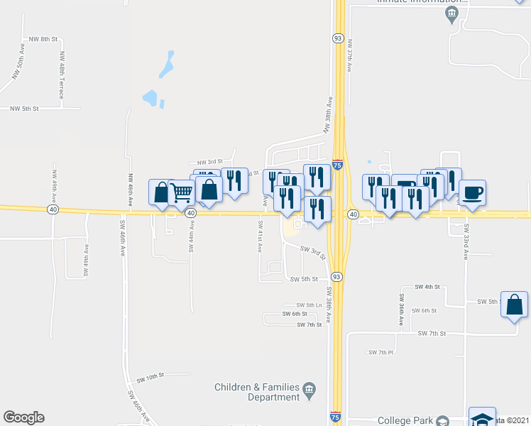 map of restaurants, bars, coffee shops, grocery stores, and more near W Silver Springs Blvd & NW 40th Ave in Ocala