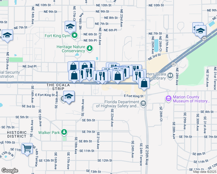 map of restaurants, bars, coffee shops, grocery stores, and more near 2159-2167 East Silver Springs Boulevard in Ocala