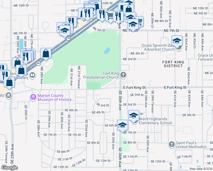 map of restaurants, bars, coffee shops, grocery stores, and more near 3401 East Fort King Street in Ocala