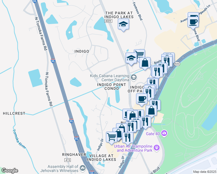 map of restaurants, bars, coffee shops, grocery stores, and more near 275 Indigo Drive in Daytona Beach