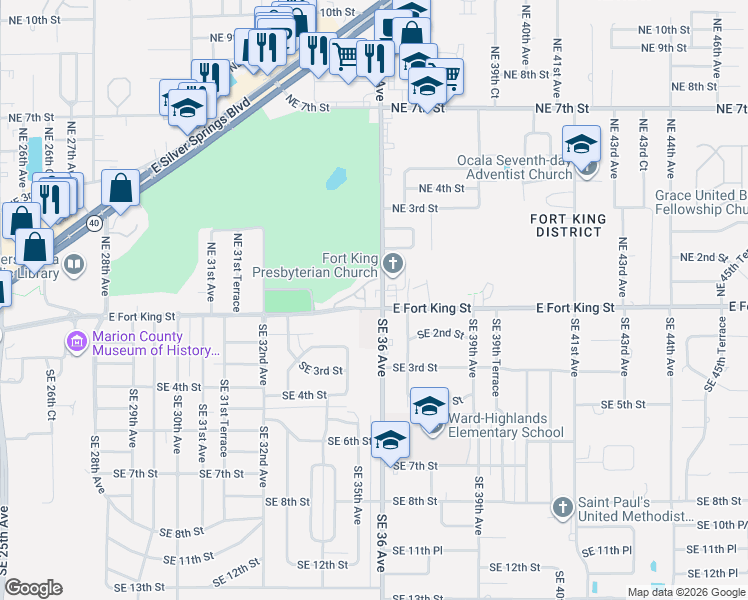 map of restaurants, bars, coffee shops, grocery stores, and more near 3525 East Fort King Street in Ocala