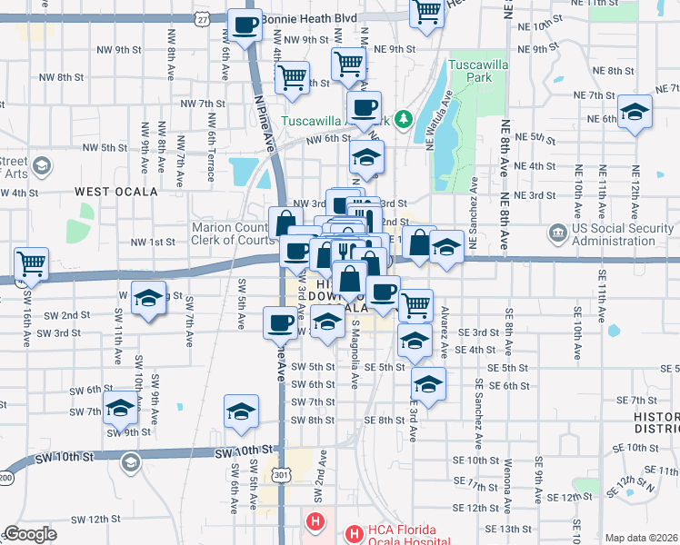 map of restaurants, bars, coffee shops, grocery stores, and more near in Ocala