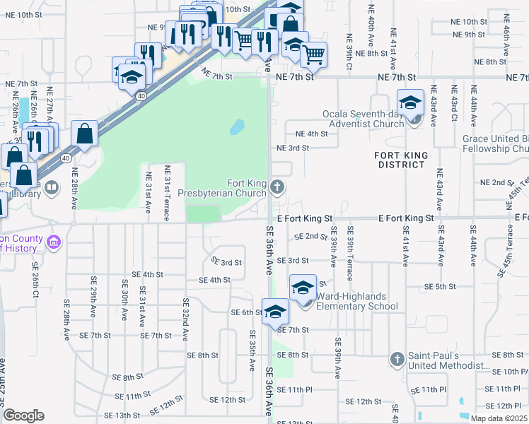 map of restaurants, bars, coffee shops, grocery stores, and more near 3535 East Fort King Street in Ocala
