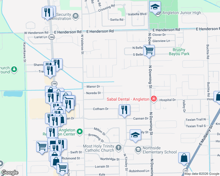 map of restaurants, bars, coffee shops, grocery stores, and more near 801 Manor Drive in Angleton