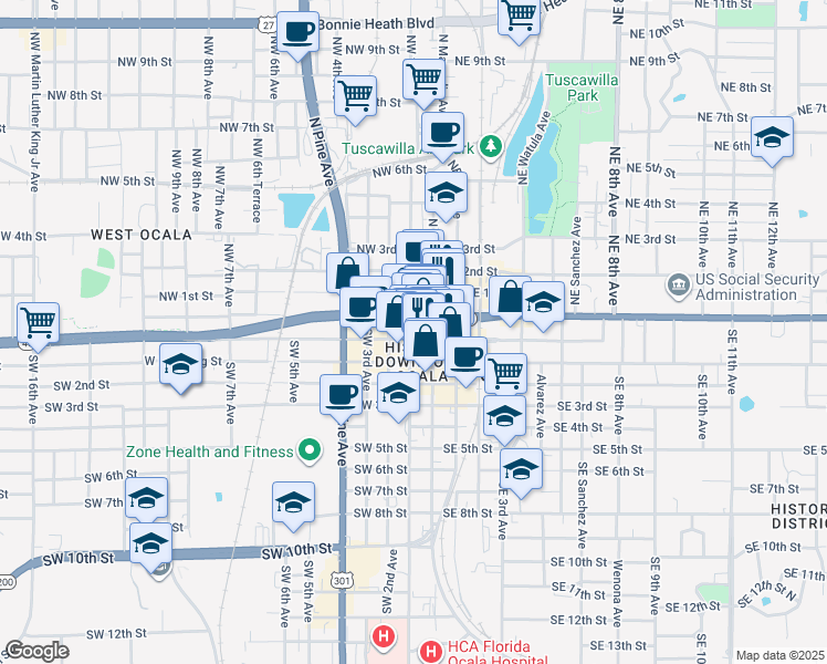 map of restaurants, bars, coffee shops, grocery stores, and more near in Ocala