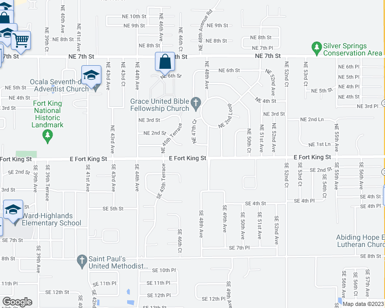 map of restaurants, bars, coffee shops, grocery stores, and more near 30 Northeast 47th Court in Ocala