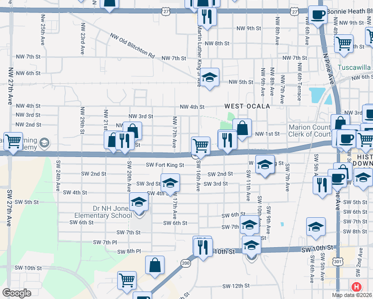 map of restaurants, bars, coffee shops, grocery stores, and more near 20 Northwest 16th Court in Ocala
