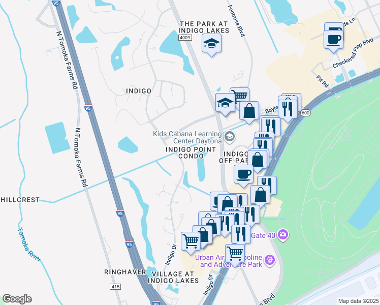 map of restaurants, bars, coffee shops, grocery stores, and more near 275 Indigo Drive in Daytona Beach