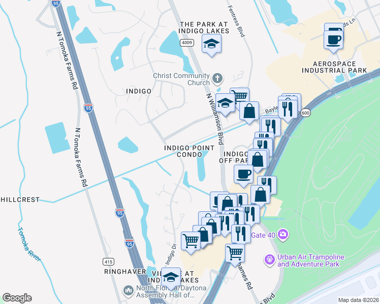 map of restaurants, bars, coffee shops, grocery stores, and more near 275 Indigo Drive in Daytona Beach