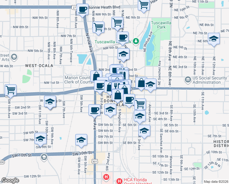 map of restaurants, bars, coffee shops, grocery stores, and more near in Ocala