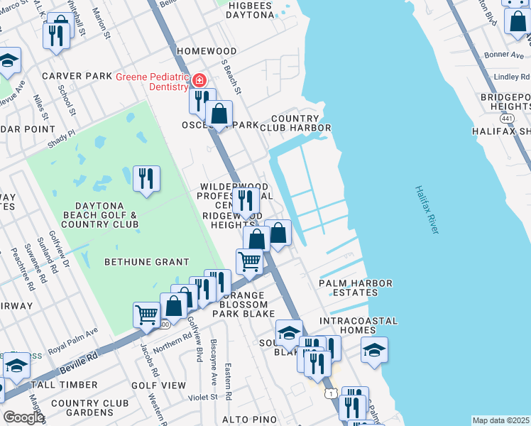 map of restaurants, bars, coffee shops, grocery stores, and more near 1361 South Ridgewood Avenue in Daytona Beach
