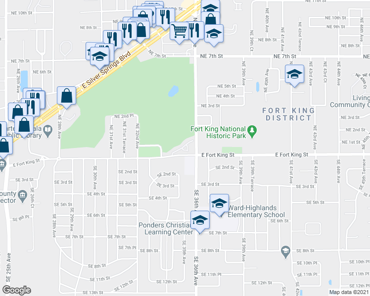 map of restaurants, bars, coffee shops, grocery stores, and more near 3525 East Fort King Street in Ocala