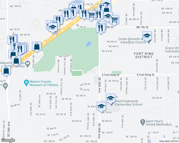 map of restaurants, bars, coffee shops, grocery stores, and more near 3437 East Fort King Street in Ocala